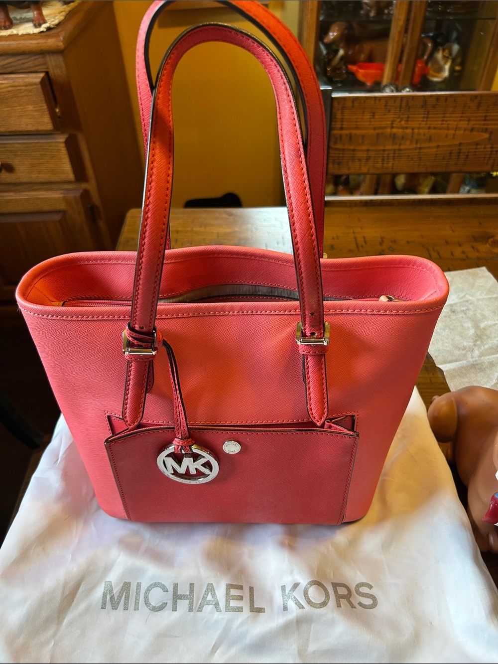 Michael Kors Coral-pink Leather Tote with MK Charm included dust bag